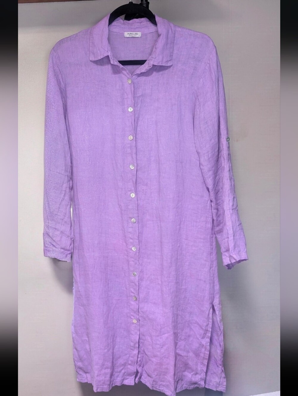 Puro Lino Shirt Dress Lavender Button Down Collared Fits Medium 3/4 Sleeve